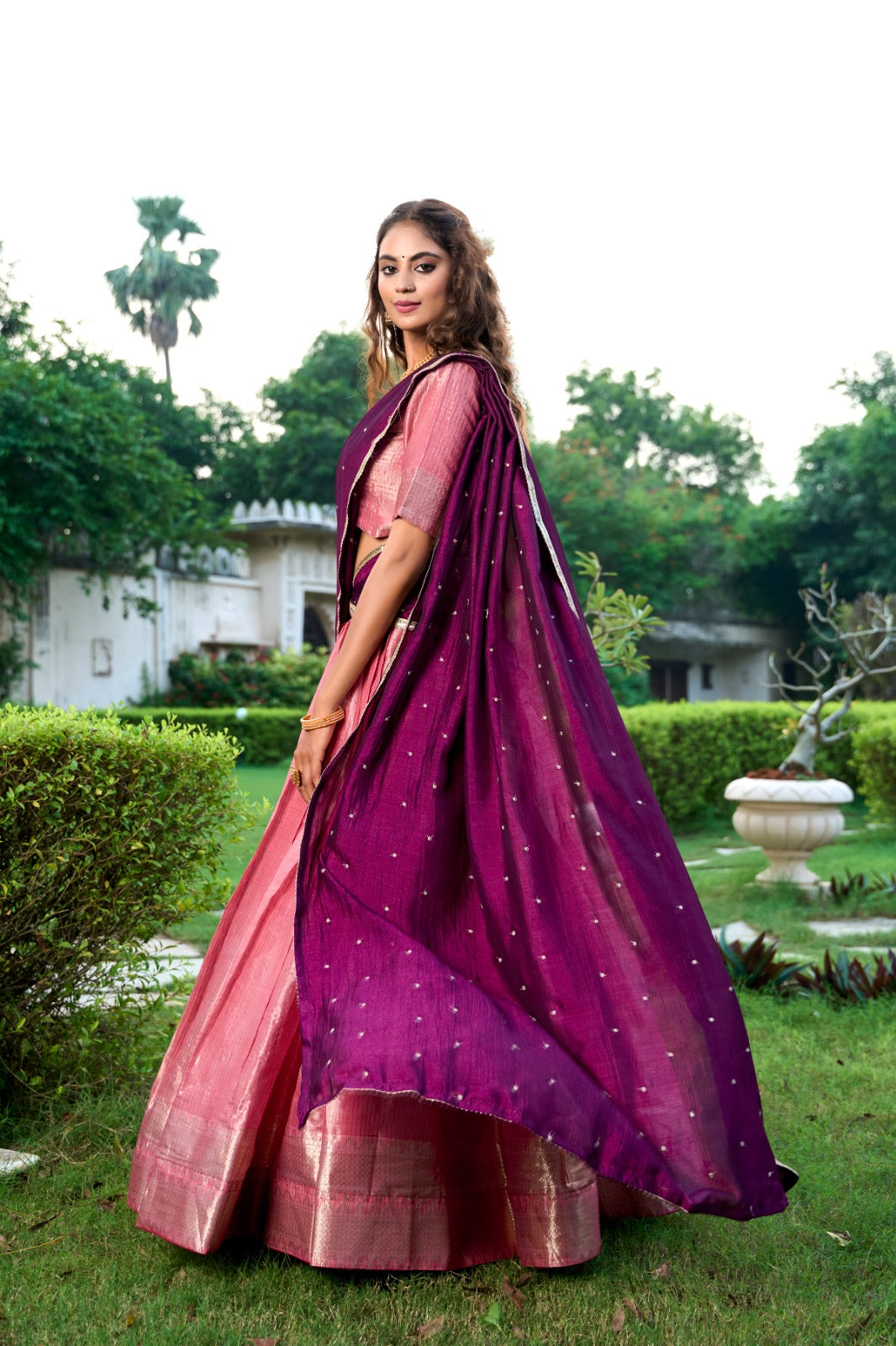Premium Pink & Purple Colored Kanchipuram Zari Weaving Lehenga Choli with Vichitra Silk Embroidered Dupatta