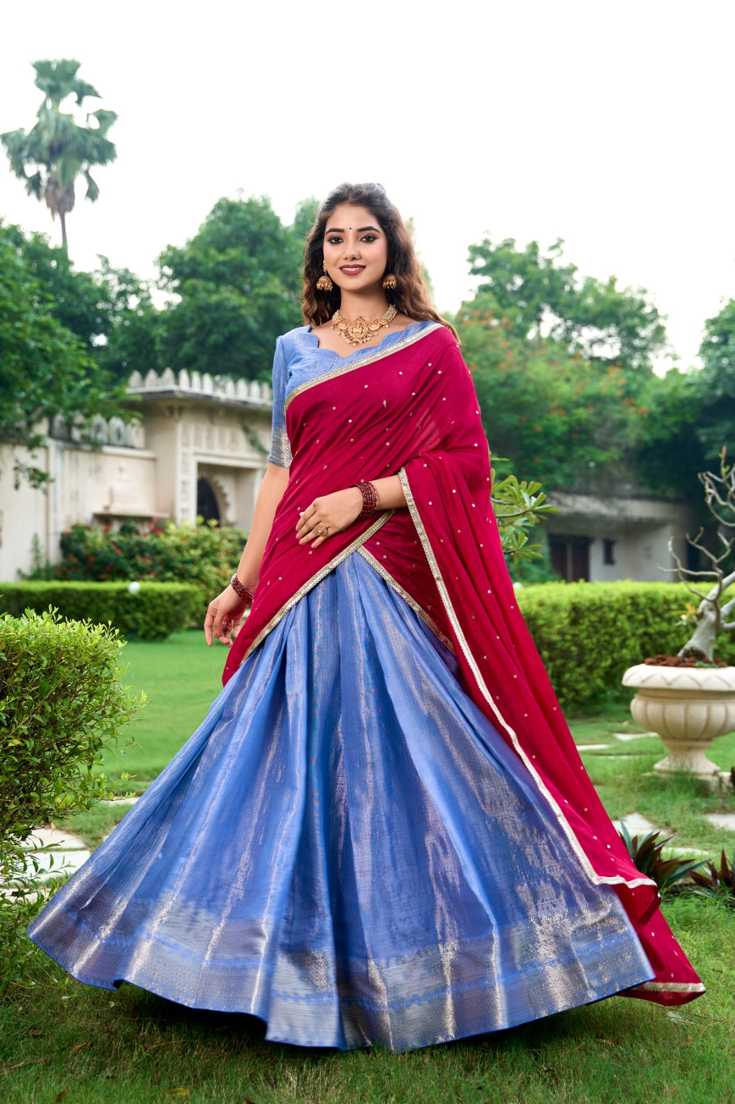 Premium Light Blue & Maroon Colored Kanchipuram Zari Weaving Lehenga Choli with Vichitra Silk Embroidered Dupatta