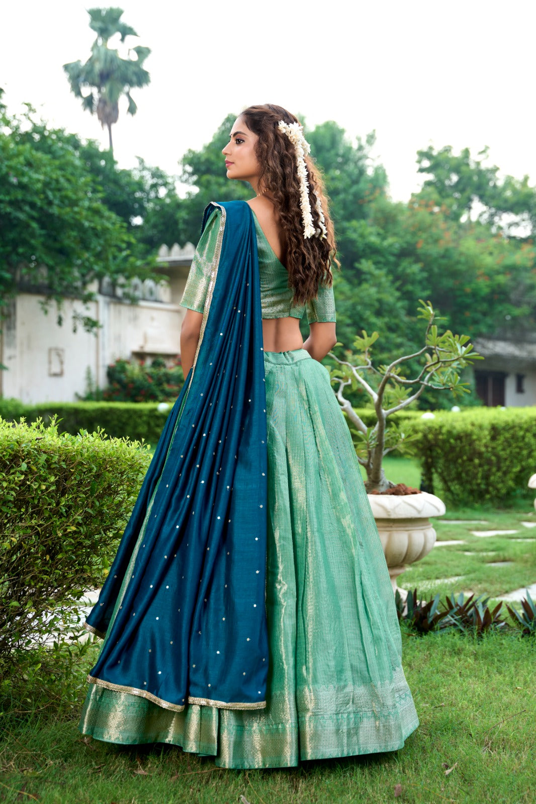 Premium Light Green & Navy Blue Colored Kanchipuram Zari Weaving Lehenga Choli with Vichitra Silk Embroidered Dupatta