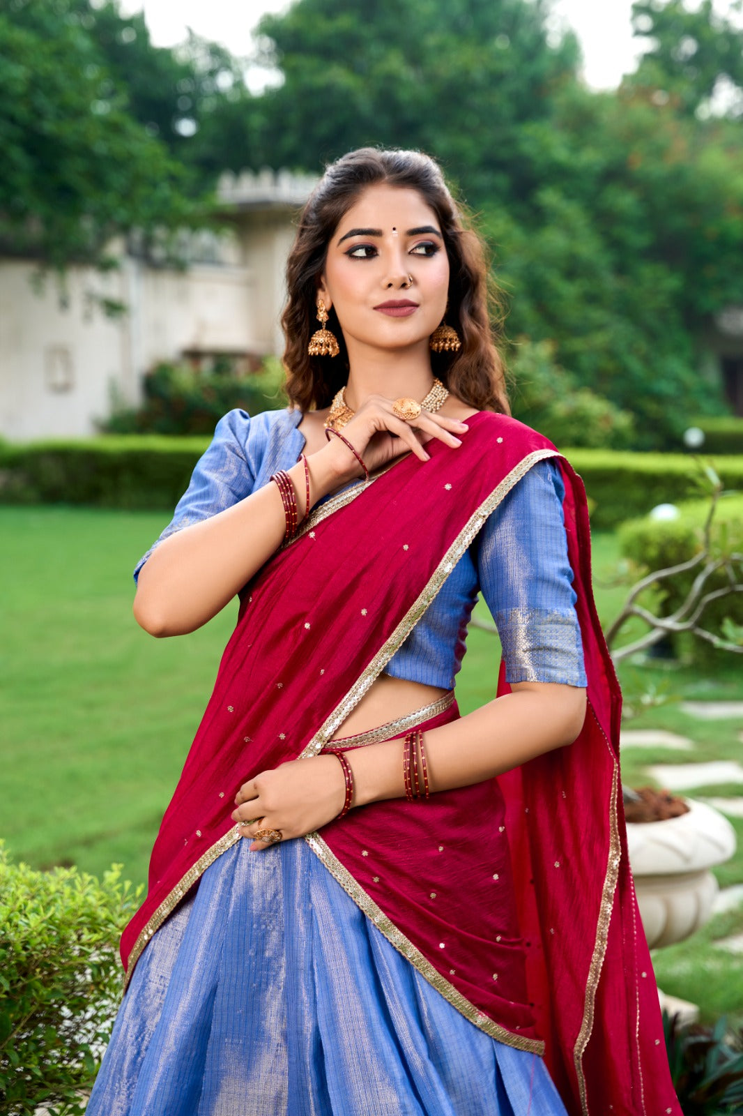 Premium Light Blue & Maroon Colored Kanchipuram Zari Weaving Lehenga Choli with Vichitra Silk Embroidered Dupatta