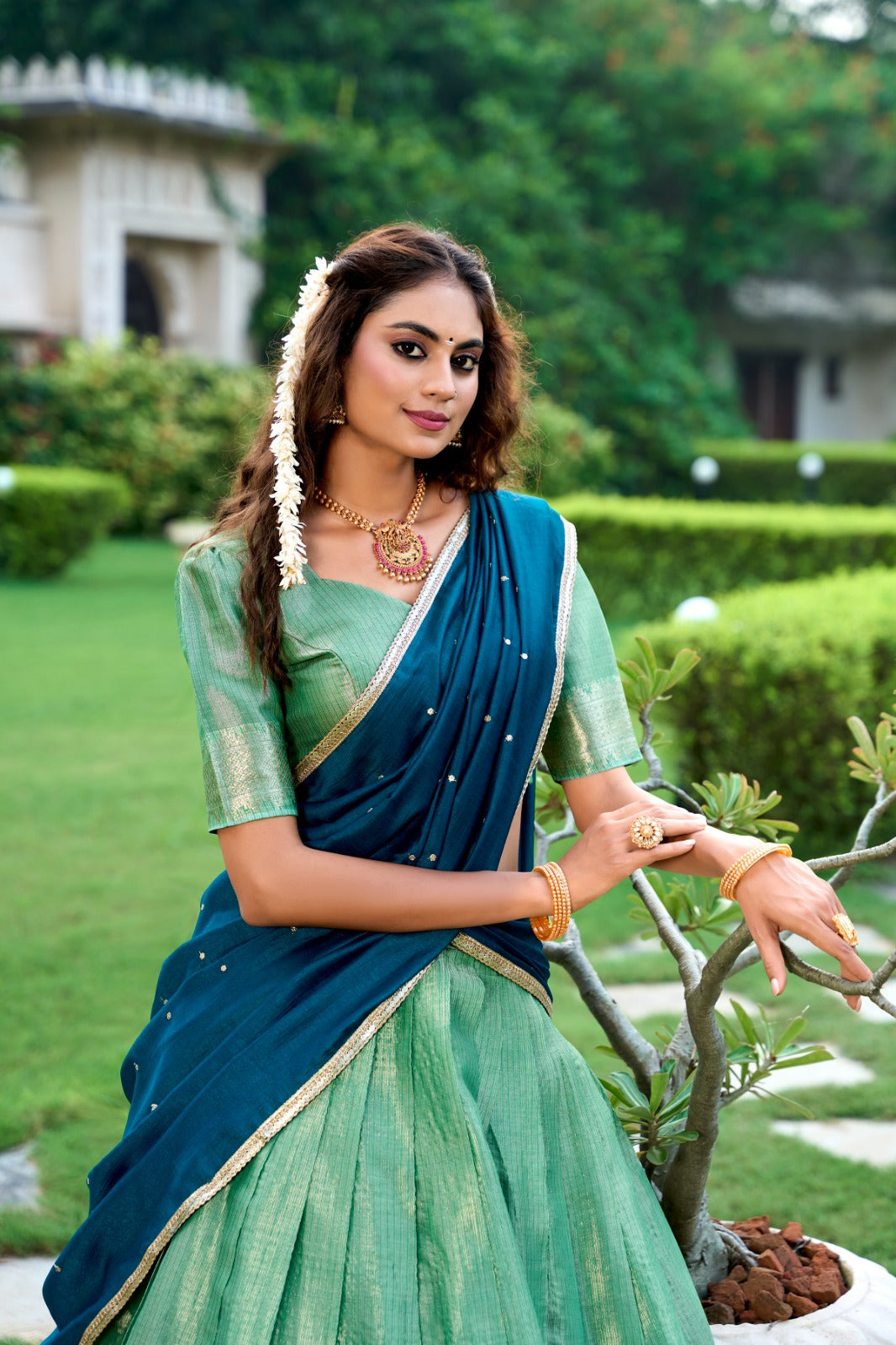 Premium Light Green & Navy Blue Colored Kanchipuram Zari Weaving Lehenga Choli with Vichitra Silk Embroidered Dupatta