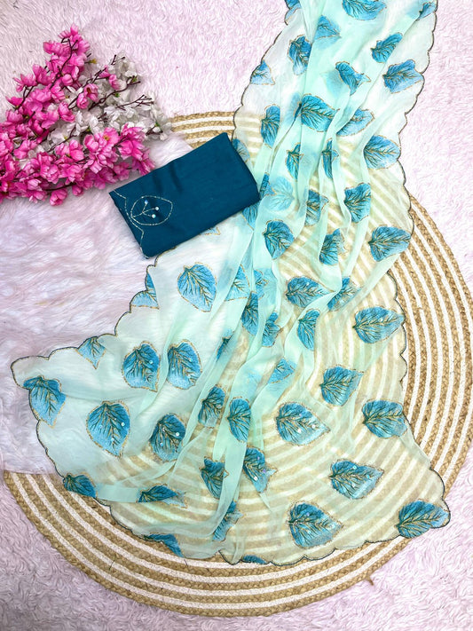 Bollywood Style Wetless Jari Print Sky Blue Colored Saree with Khatli Handwork & Mono Banglori Blouse