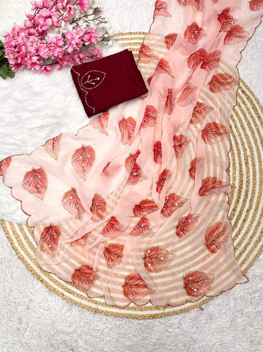 Bollywood Style Wetless Jari Print Maroon Colored Saree with Khatli Handwork & Mono Banglori Blouse