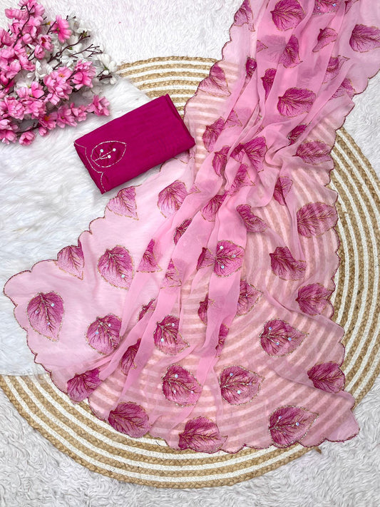 Bollywood Style Wetless Jari Print Pink Colored Saree with Khatli Handwork & Mono Banglori Blouse