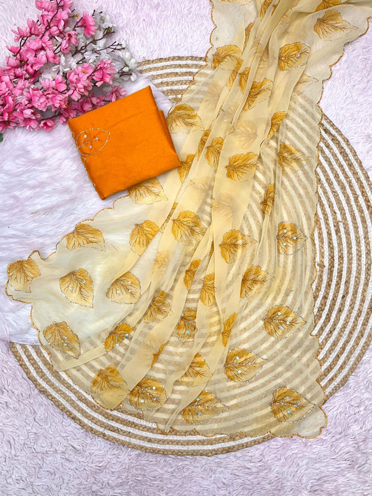 Bollywood Style Wetless Jari Print Yellow Colored Saree with Khatli Handwork & Mono Banglori Blouse