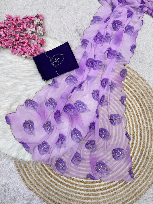 Bollywood Style Wetless Jari Print Purple Colored Saree with Khatli Handwork & Mono Banglori Blouse