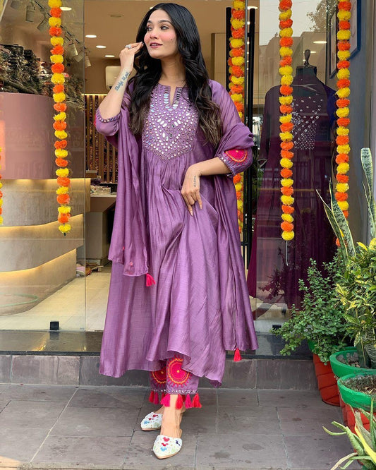 Premium Purple Colored Masleen Cotton Kurti Set with Embroidery & Mirror Work
