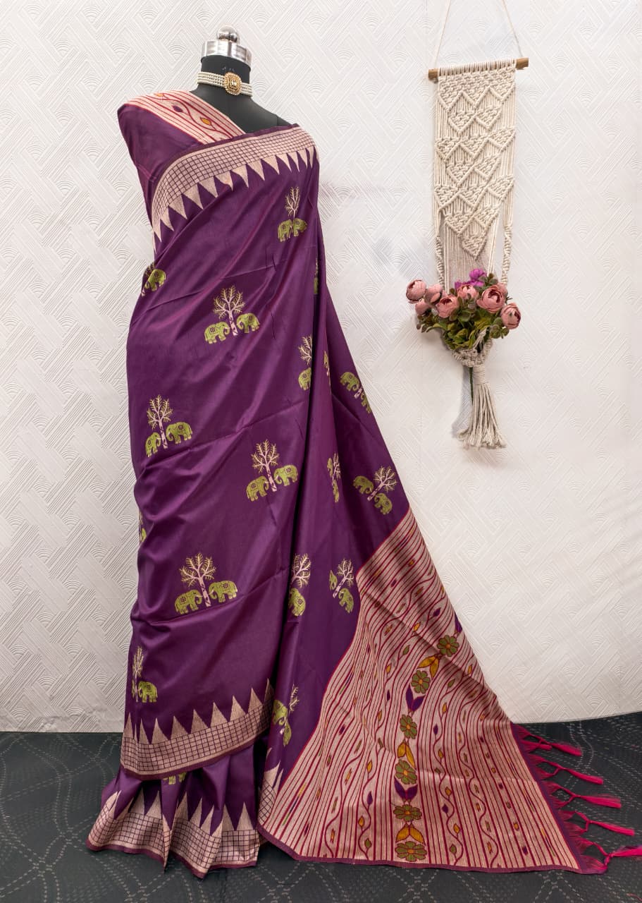 Handloom Purple Colored Soft Raw Silk Ikkat Weaving Saree with Temple Border & Running Blouse