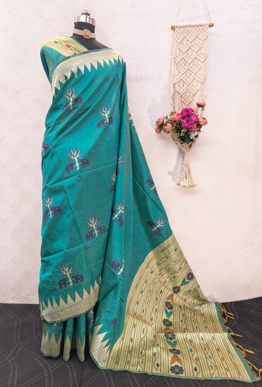 Handloom Turquoise Green Colored Soft Raw Silk Ikkat Weaving Saree with Temple Border & Running Blouse