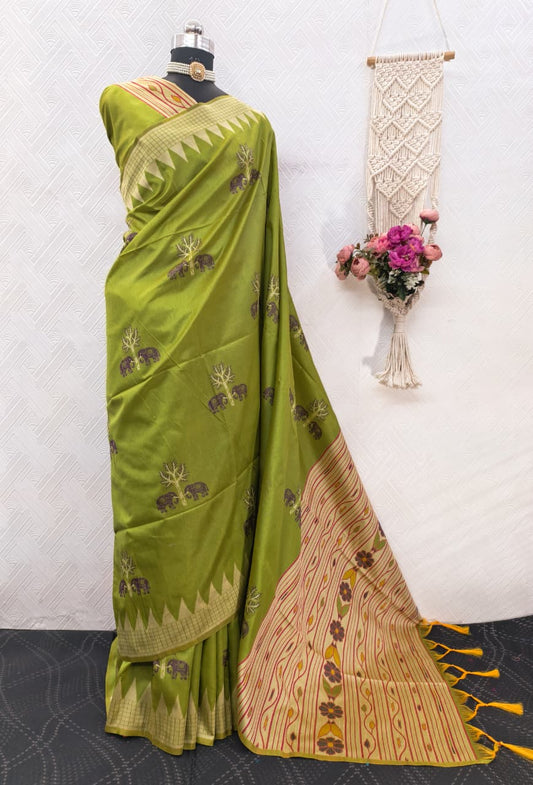 Handloom Light Green Colored Soft Raw Silk Ikkat Weaving Saree with Temple Border & Running Blouse