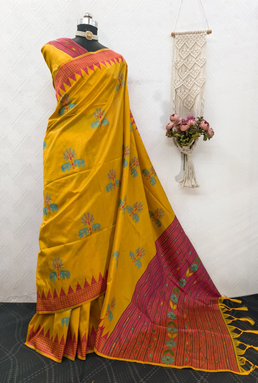 Handloom Yellow Colored Soft Raw Silk Ikkat Weaving Saree with Temple Border & Running Blouse