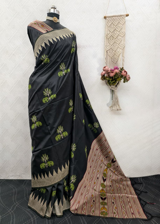 Handloom Black Colored Soft Raw Silk Ikkat Weaving Saree with Temple Border & Running Blouse