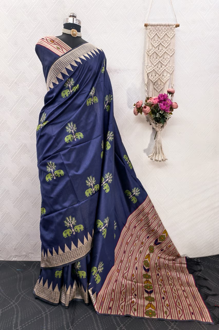 Handloom Navy Blue Colored Soft Raw Silk Ikkat Weaving Saree with Temple Border & Running Blouse