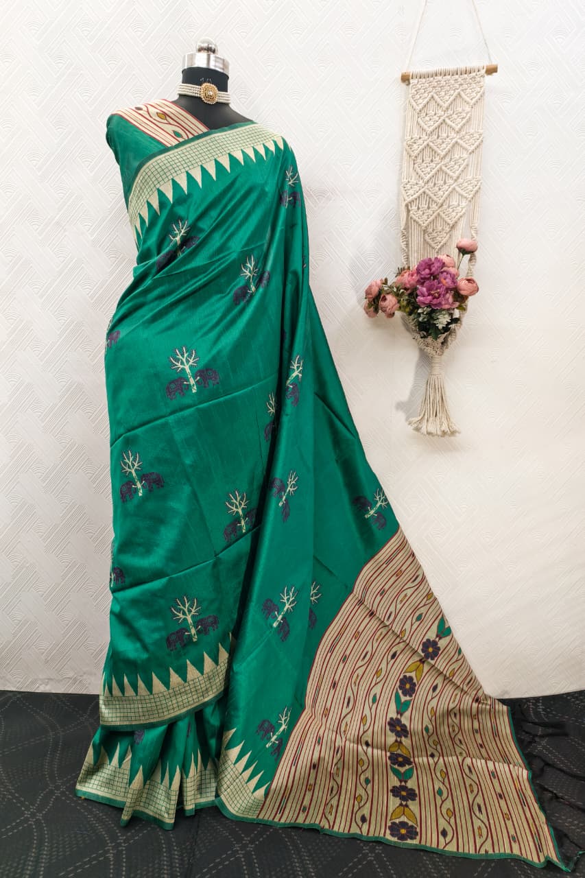 Handloom Turquoise Green Colored Soft Raw Silk Ikkat Weaving Saree with Temple Border & Running Blouse