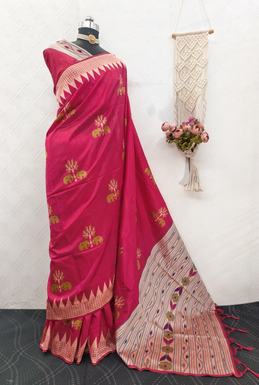Handloom Rani Pink Colored Soft Raw Silk Ikkat Weaving Saree with Temple Border & Running Blouse