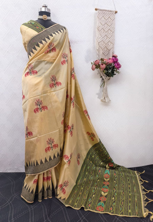 Handloom Beige Colored Soft Raw Silk Ikkat Weaving Saree with Temple Border & Running Blouse