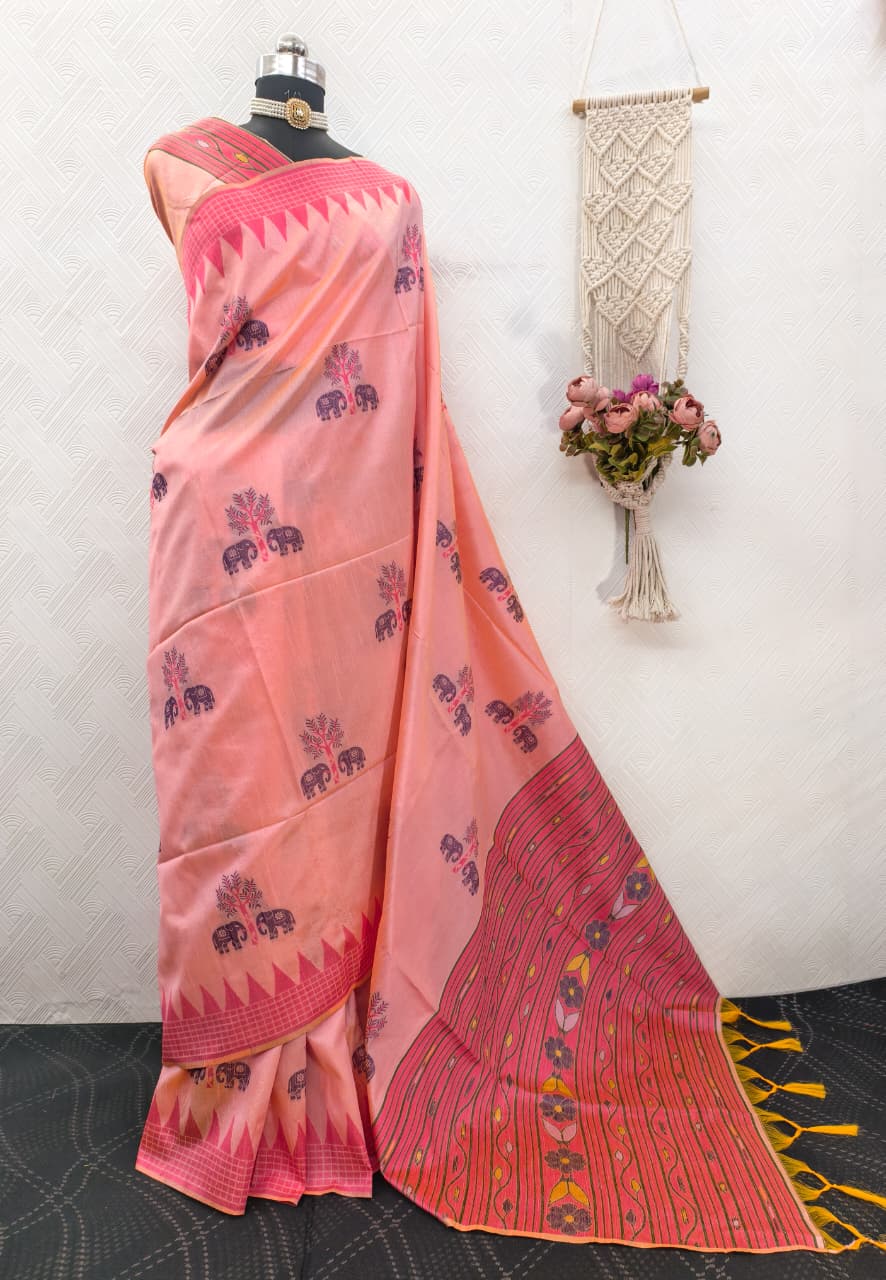 Handloom Pink Colored Soft Raw Silk Ikkat Weaving Saree with Temple Border & Running Blouse