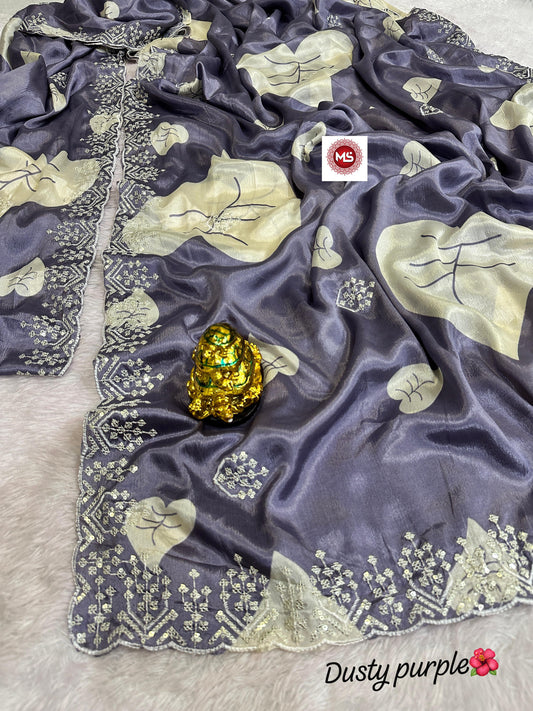 Premium Fancy Dusty Purple Colored Chinon Silk Sequin & Multi Embroidery Saree with Concept Pallu & Matching Blouse