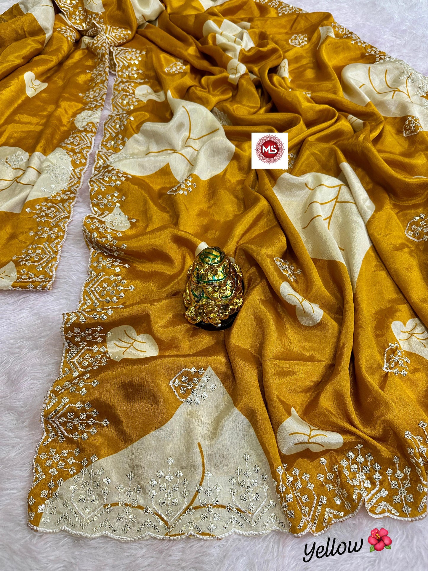 Premium Fancy Yellow Colored Chinon Silk Sequin & Multi Embroidery Saree with Concept Pallu & Matching Blouse