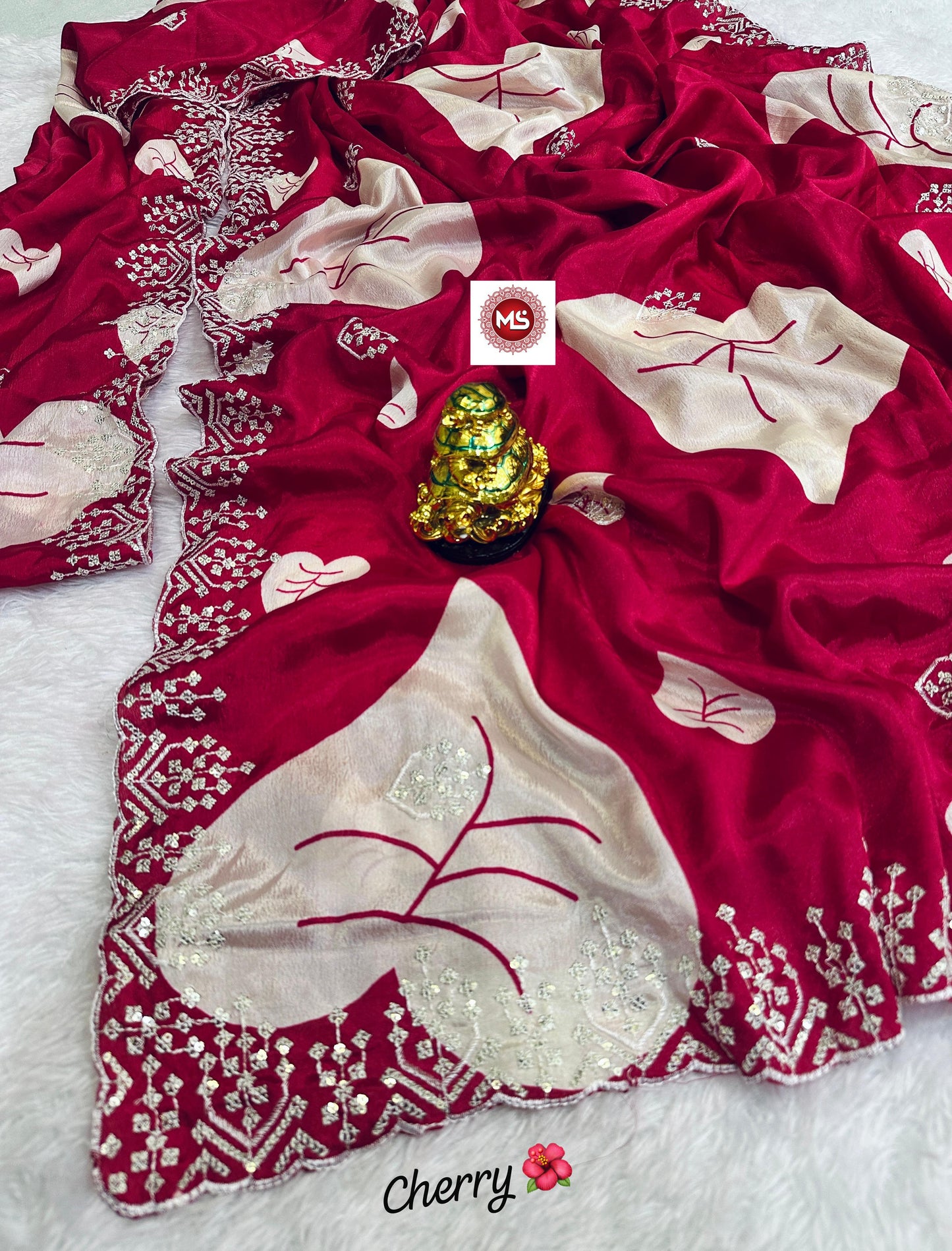 Premium Fancy Cherry Red Colored Chinon Silk Sequin & Multi Embroidery Saree with Concept Pallu & Matching Blouse