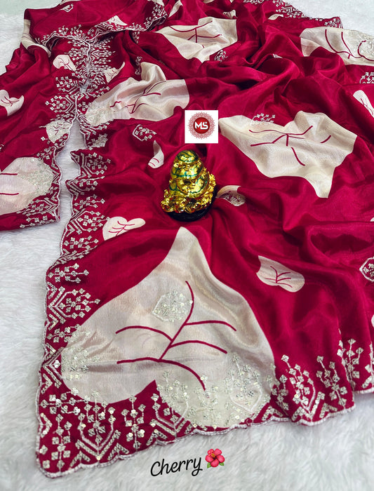 Premium Fancy Cherry Red Colored Chinon Silk Sequin & Multi Embroidery Saree with Concept Pallu & Matching Blouse