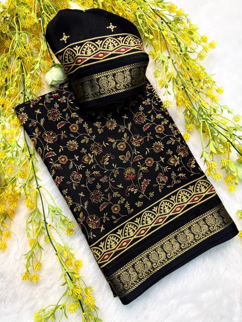 Soft Mul Mul Cotton Black Colored Silk Pen Kalamkari Saree with Contrast Zari Hamsa Border