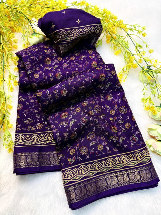 Soft Mul Mul Cotton Purple Colored Silk Pen Kalamkari Saree with Contrast Zari Hamsa Border