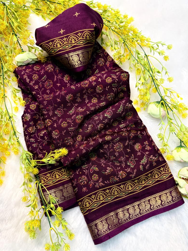 Soft Mul Mul Cotton Wine Colored Silk Pen Kalamkari Saree with Contrast Zari Hamsa Border