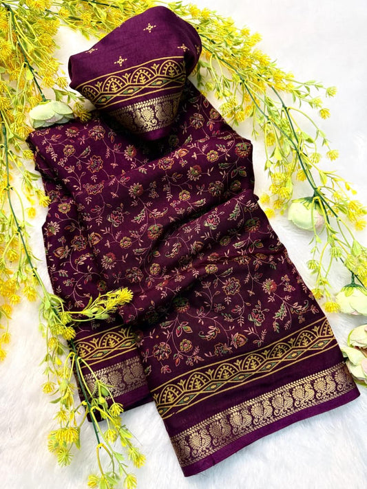 Soft Mul Mul Cotton Wine Colored Silk Pen Kalamkari Saree with Contrast Zari Hamsa Border
