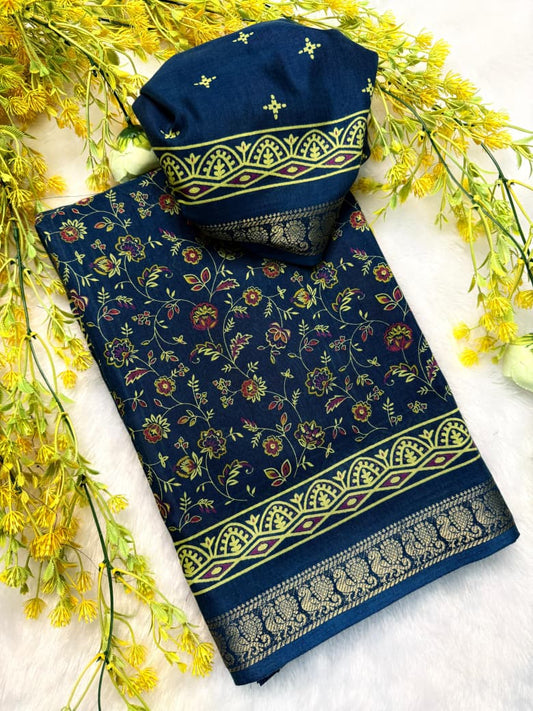 Soft Mul Mul Cotton Green Colored Silk Pen Kalamkari Saree with Contrast Zari Hamsa Border