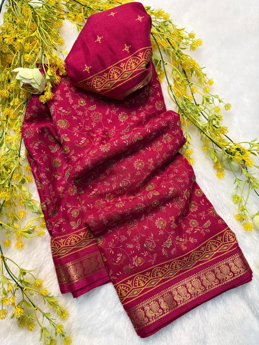 Soft Mul Mul Cotton Rani Pink Colored Silk Pen Kalamkari Saree with Contrast Zari Hamsa Border