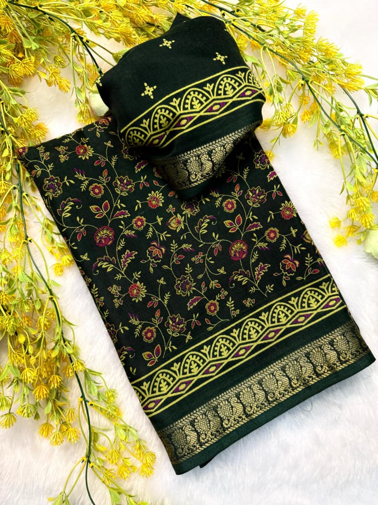 Soft Mul Mul Cotton Dark Green Colored Silk Pen Kalamkari Saree with Contrast Zari Hamsa Border