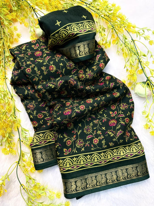 Soft Mul Mul Cotton Dark Green Colored Silk Pen Kalamkari Saree with Contrast Zari Hamsa Border