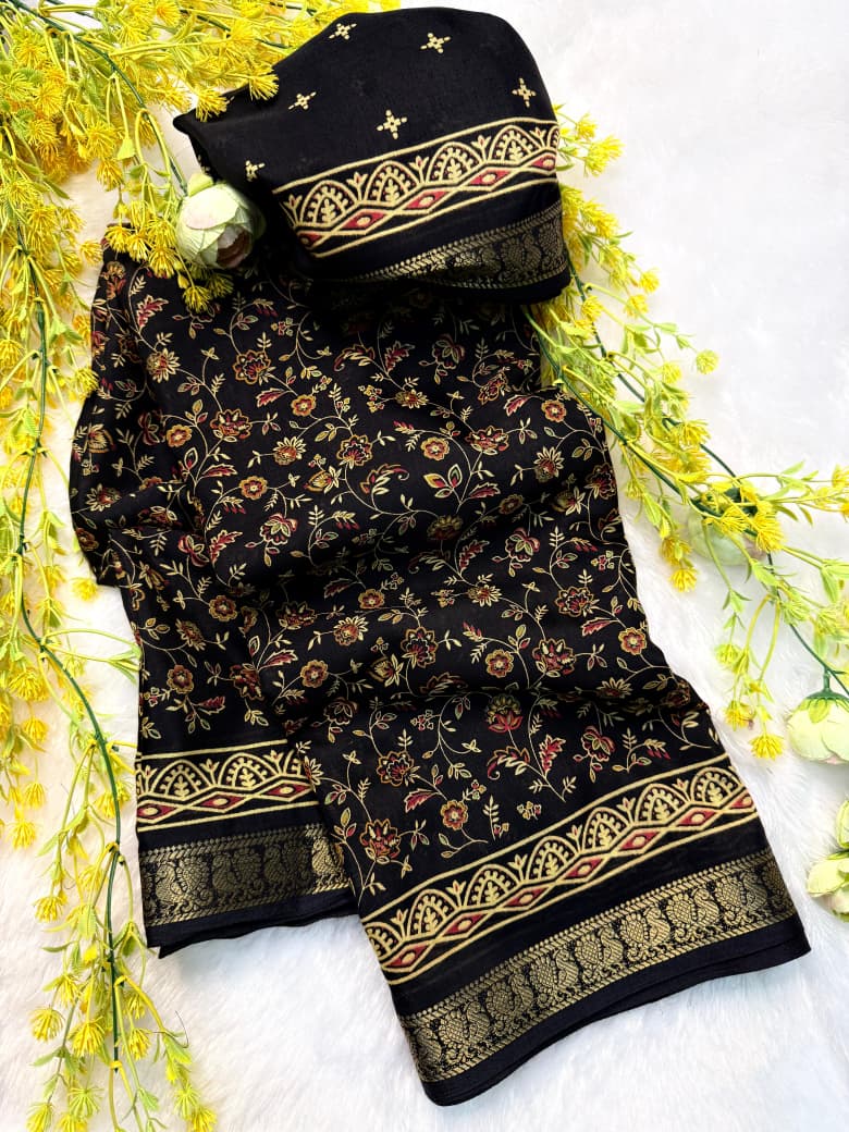 Soft Mul Mul Cotton Black Colored Silk Pen Kalamkari Saree with Contrast Zari Hamsa Border