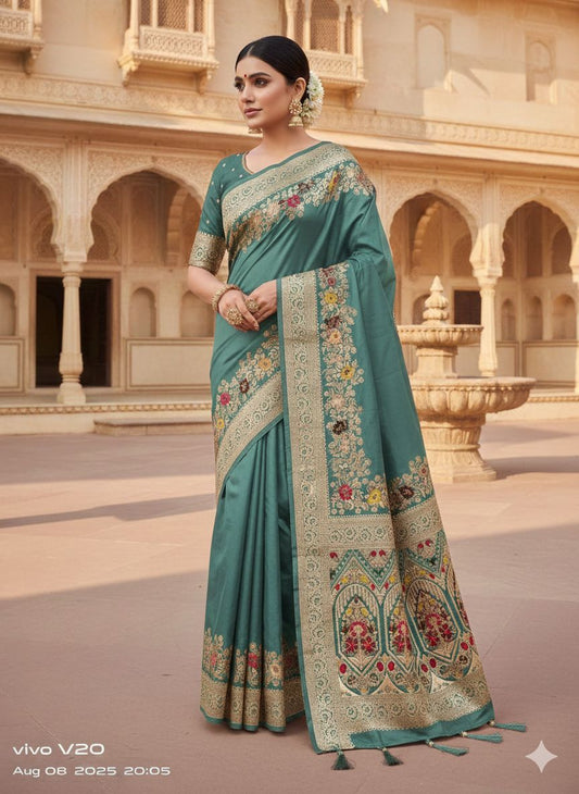 Premium Turquoise Green Dolla Silk Gala Saree with Rich Zari Pallu, Woven Border & Tassels