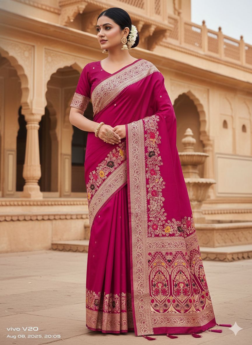 Premium Rani Pink Dolla Silk Gala Saree with Rich Zari Pallu, Woven Border & Tassels