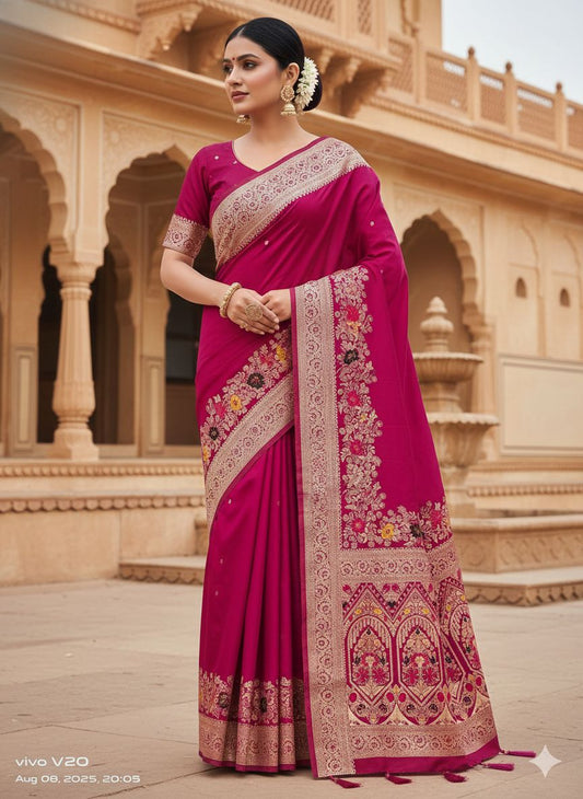 Premium Rani Pink Dolla Silk Gala Saree with Rich Zari Pallu, Woven Border & Tassels