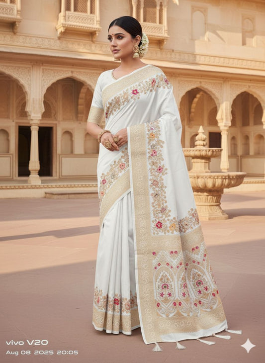 Premium Off-White Dolla Silk Gala Saree with Rich Zari Pallu, Woven Border & Tassels