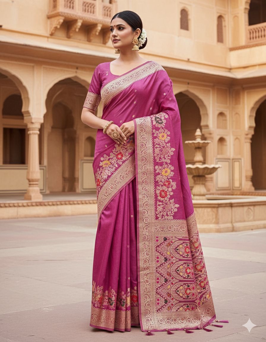 Premium Pink Dolla Silk Gala Saree with Rich Zari Pallu, Woven Border & Tassels