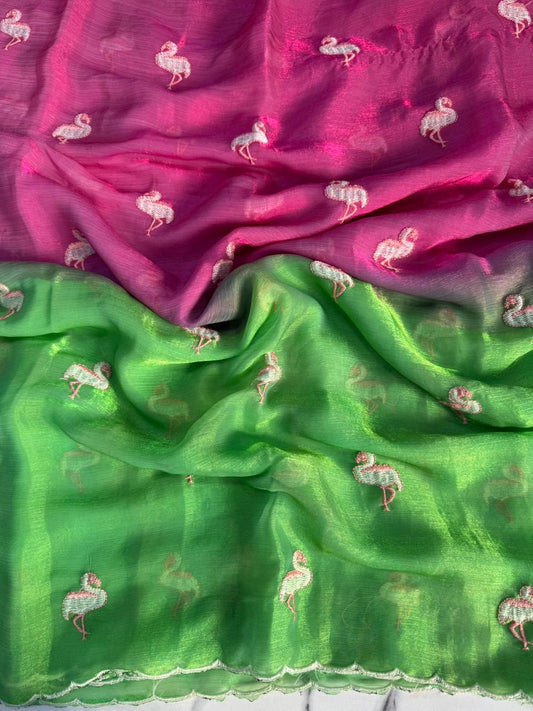 Soft Zemichu Green & Pink Two-Tone Saree with Duck Figure Butti – Elegant Shaded Ethnic Saree