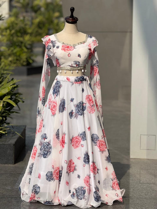 Exclusive White Colored Kalamkari Printed Georgette Lehenga Choli with Designer Lace Blouse – Ready to Wear