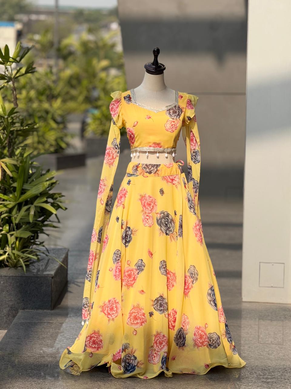 Exclusive Yellow Colored Kalamkari Printed Georgette Lehenga Choli with Designer Lace Blouse – Ready to Wear