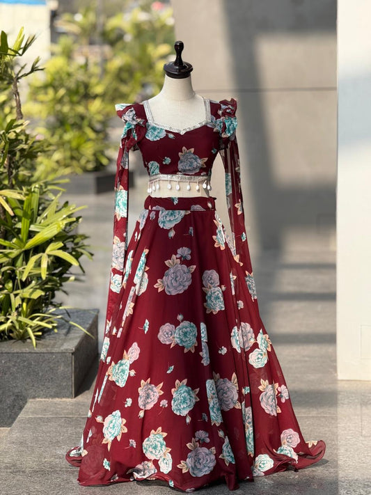Exclusive Maroon Colored Kalamkari Printed Georgette Lehenga Choli with Designer Lace Blouse – Ready to Wear