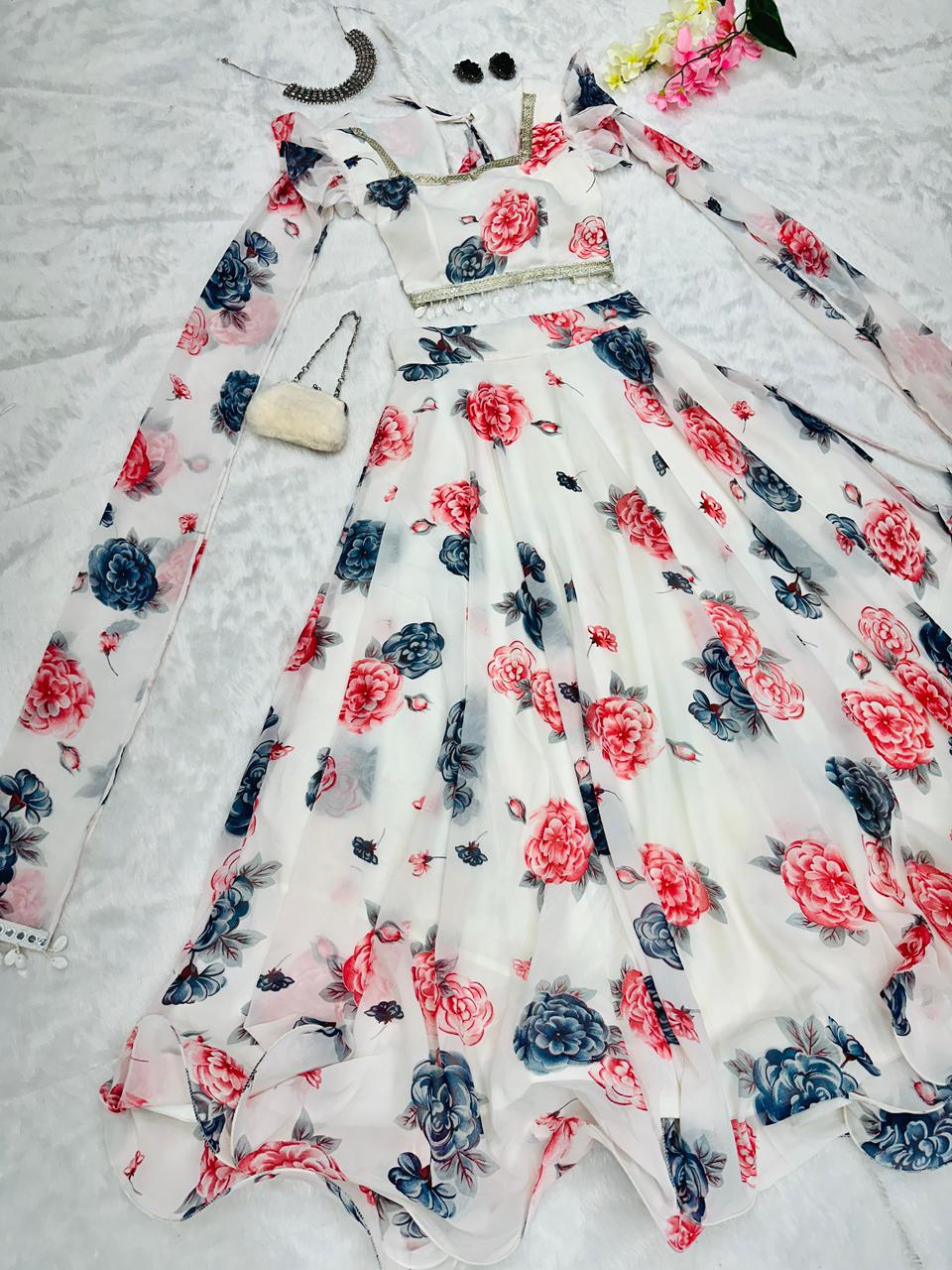 Exclusive White Colored Kalamkari Printed Georgette Lehenga Choli with Designer Lace Blouse – Ready to Wear