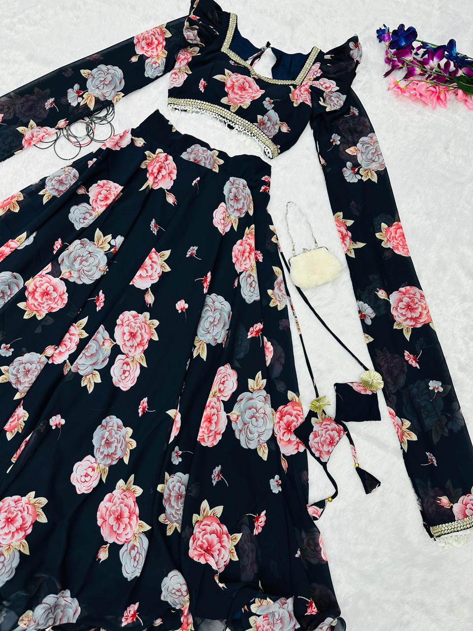 Exclusive Navy Blue Colored Kalamkari Printed Georgette Lehenga Choli with Designer Lace Blouse – Ready to Wear