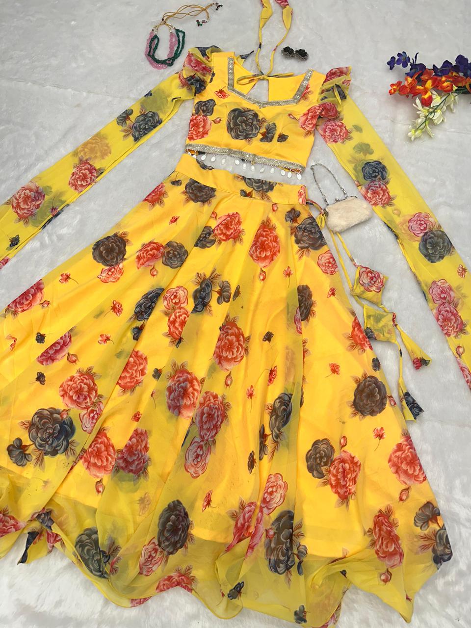 Exclusive Yellow Colored Kalamkari Printed Georgette Lehenga Choli with Designer Lace Blouse – Ready to Wear