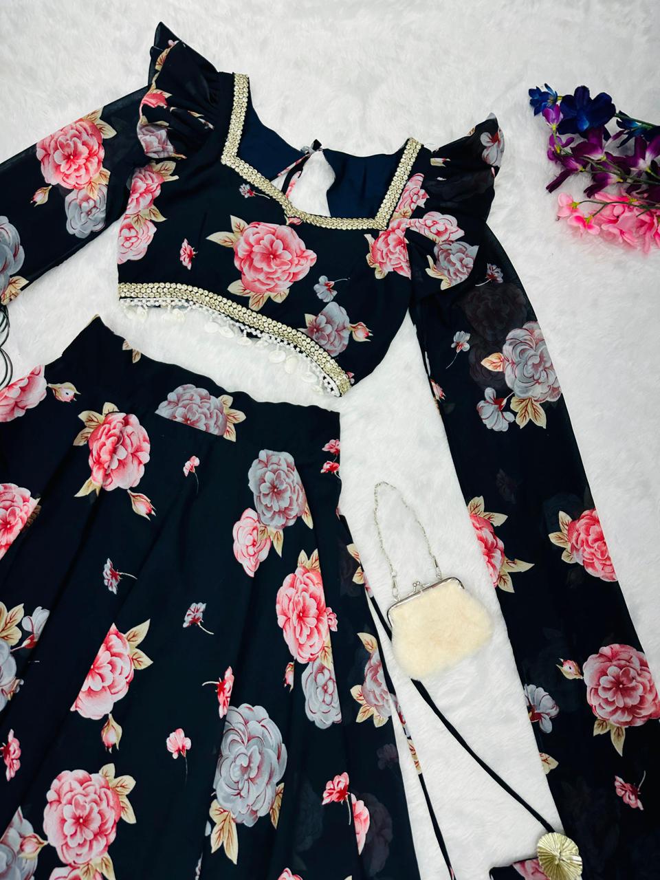 Exclusive Navy Blue Colored Kalamkari Printed Georgette Lehenga Choli with Designer Lace Blouse – Ready to Wear