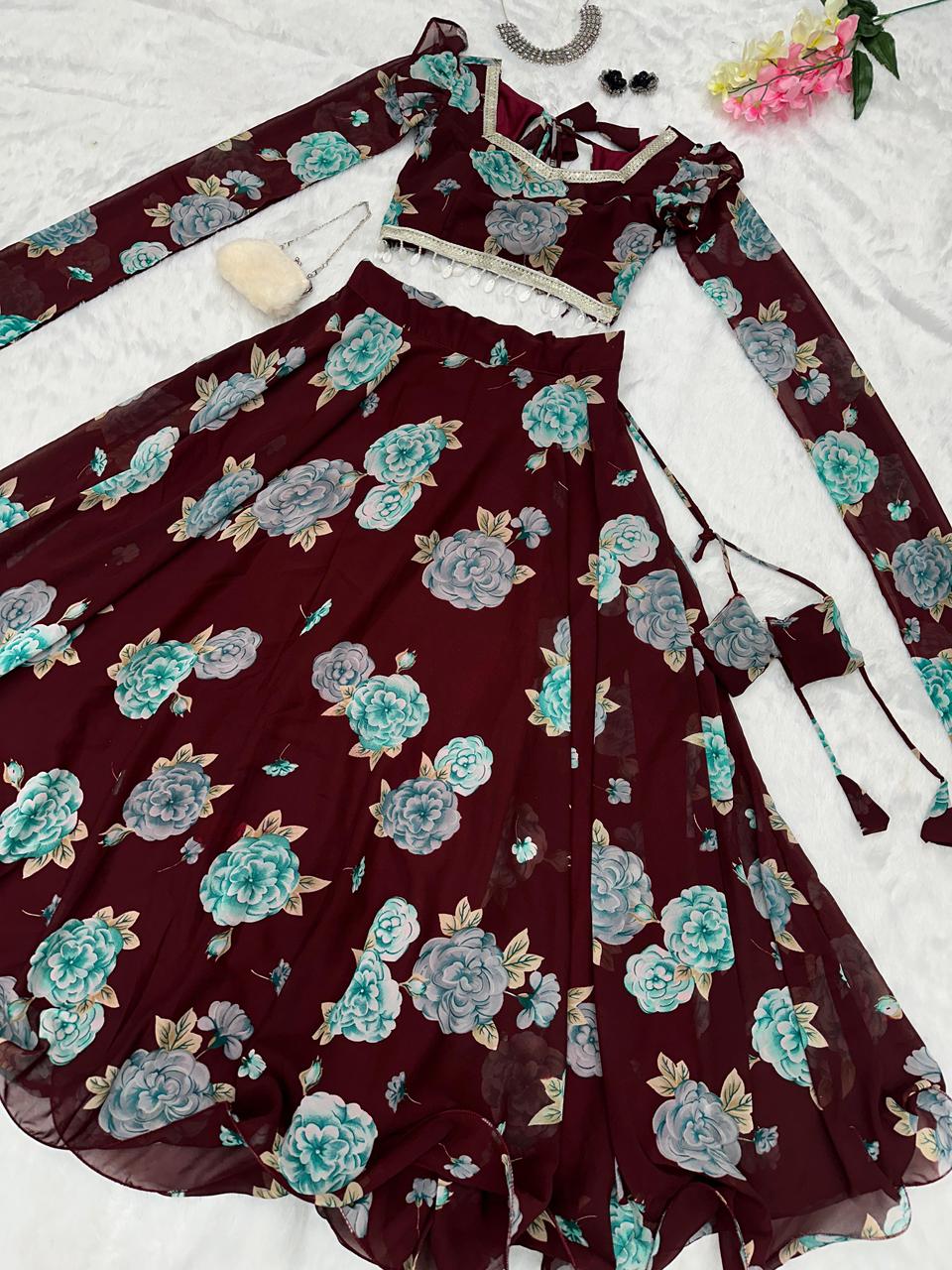 Exclusive Maroon Colored Kalamkari Printed Georgette Lehenga Choli with Designer Lace Blouse – Ready to Wear