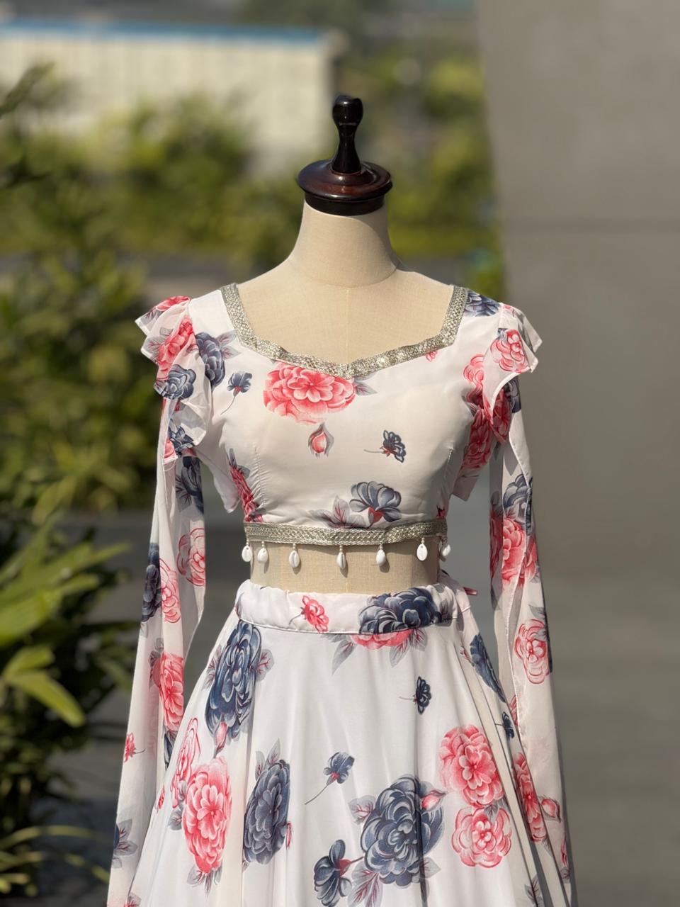 Exclusive White Colored Kalamkari Printed Georgette Lehenga Choli with Designer Lace Blouse – Ready to Wear