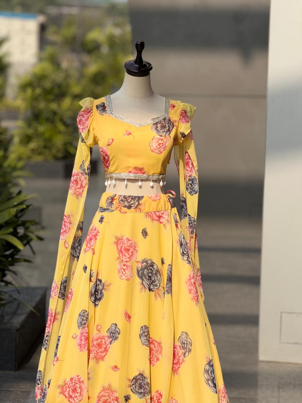 Exclusive Yellow Colored Kalamkari Printed Georgette Lehenga Choli with Designer Lace Blouse – Ready to Wear